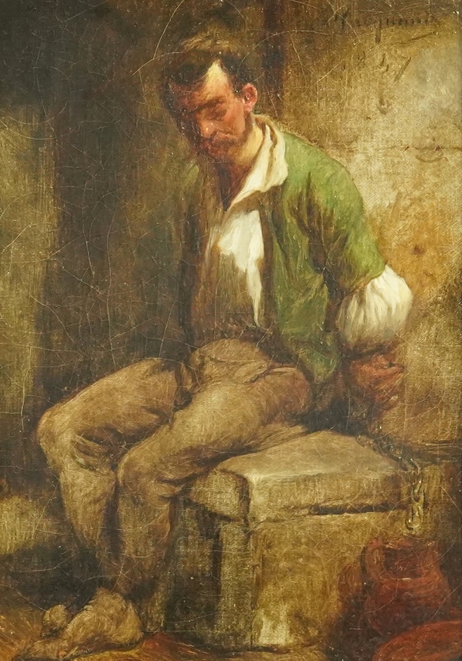 19th century French School, Seated prisoner in a cell, oil on canvas, 18 x 12.5cm